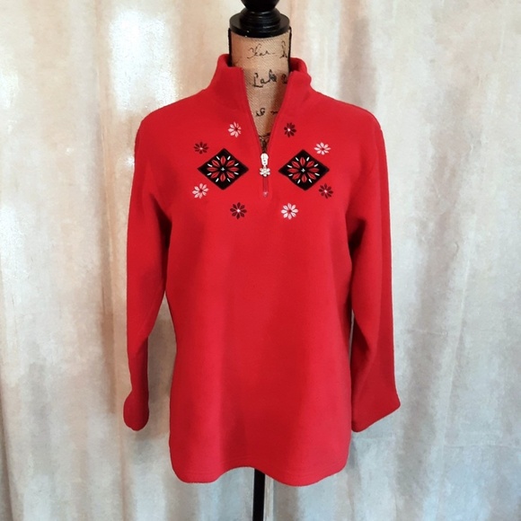 Red Fleece 1/4 Zip Pullover Embroidered Applique Snowflakes Size S - Picture 1 of 10